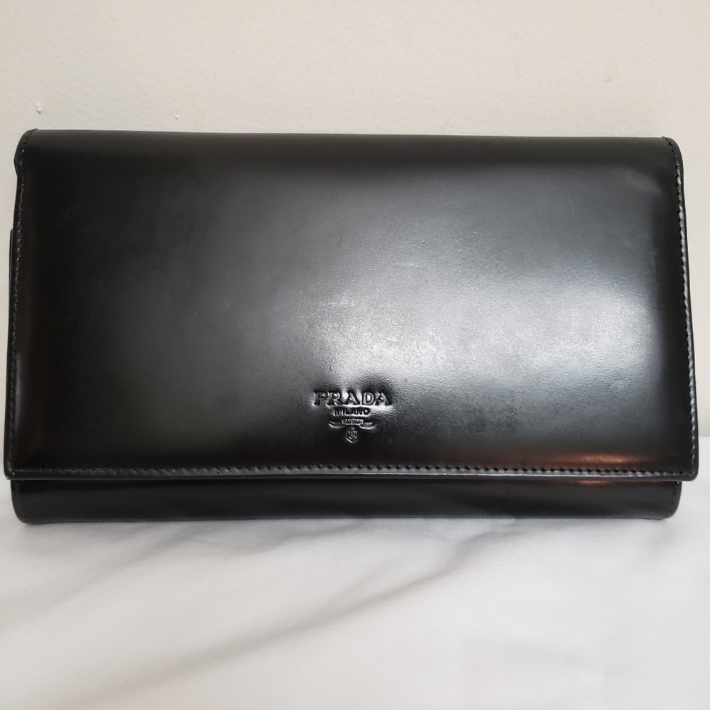 Authentic Prada black leather long wallet